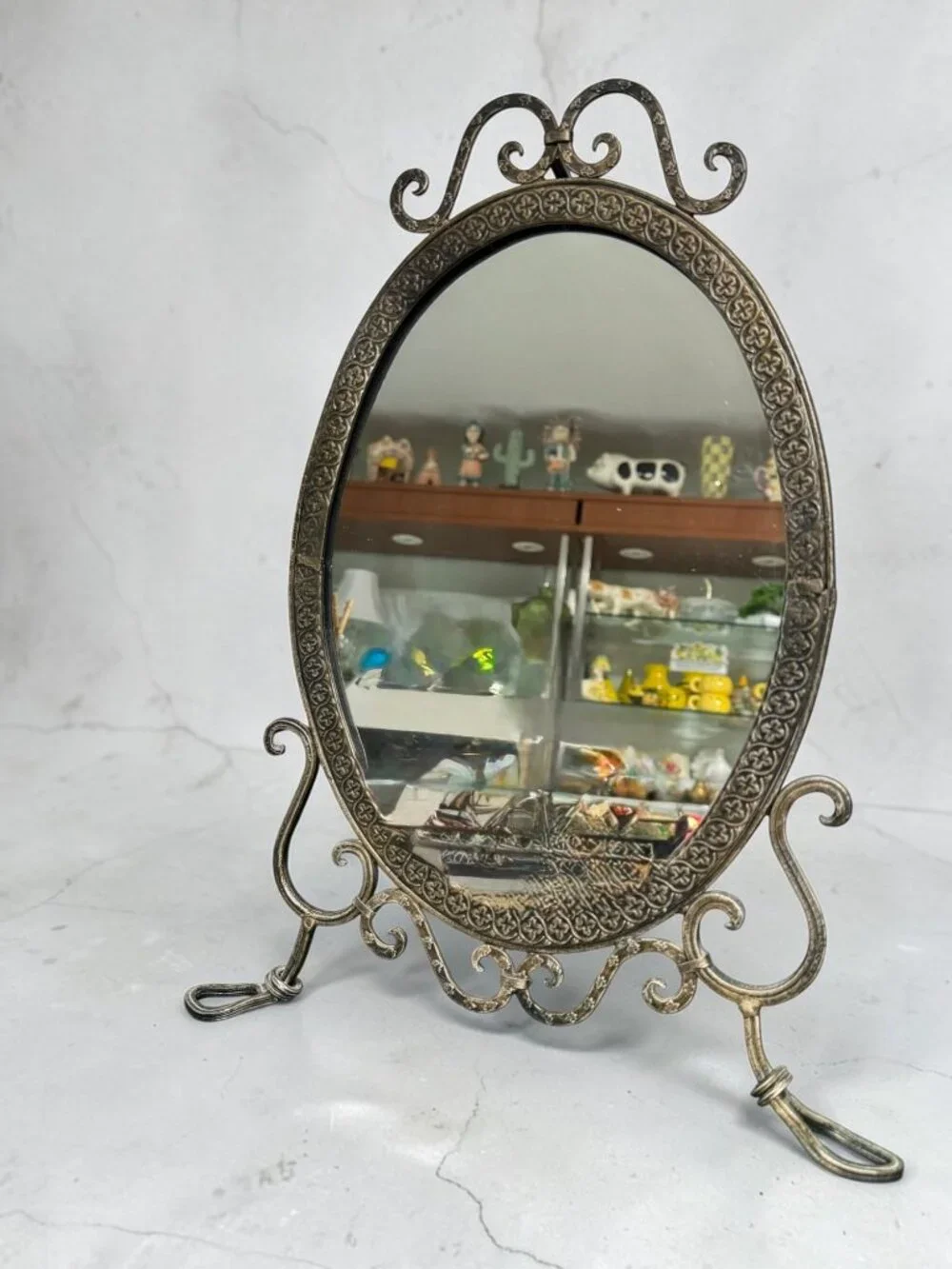 Vintage Ornate Oval Vanity Mirror With Cast Metal Frame & Decorative Stand